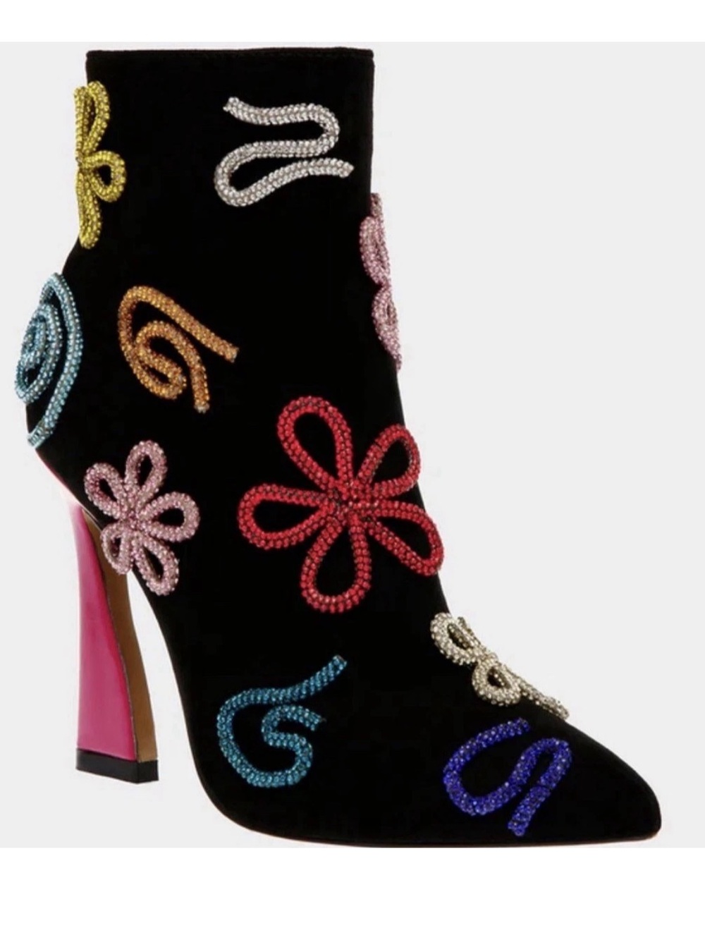Betsey Johnson Sylvia Black Multi Rhinestone Flower Block Heel Ankle Boots 8.5 B